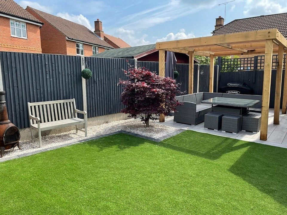 Lanscaped garden with bespoke pergola in Whiteley